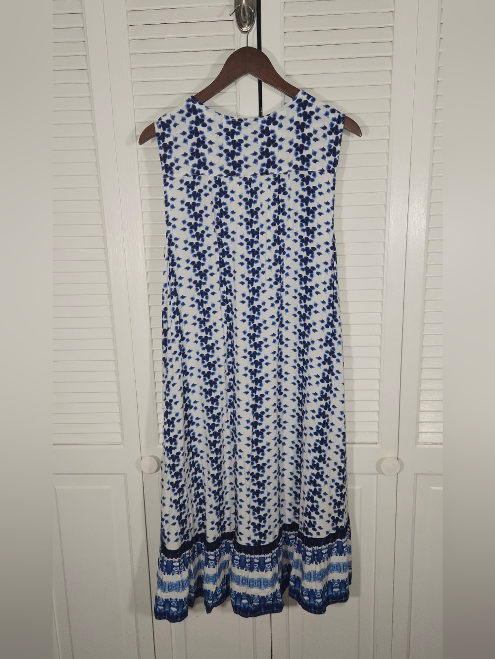 Beach Lunch Lounge Boho Sleeveless Tassel Ruffled Blue White Hi Lo Dress Sz L - Picture 4 of 4